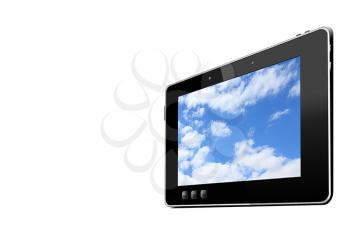 black tablet with picture of blue sky isolated on white background