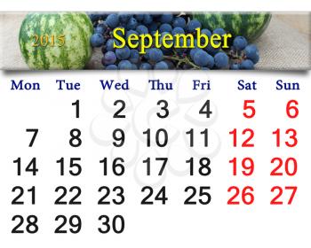 calendar for September of 2015 with grapes and watermelons on the sacking background