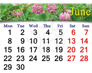 calendar for the June of 2015 with pink flowers of clover