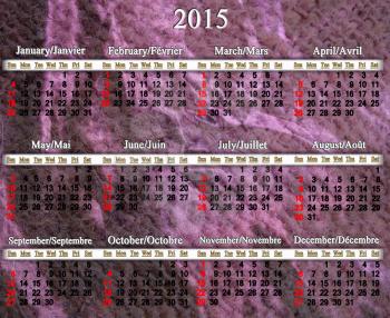 calendar for 2015 year in English and French on the dark lilac background