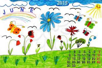 drawing with butterflies and flowers and calendar of June