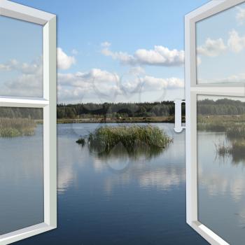 image of opened window to the summer lake