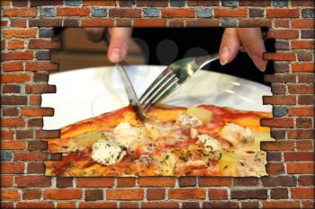 signboard for pizzeria with broken brick wall and view to human hands with fork and knife cutting tasty pizza