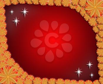 floral stylish frame from red and brown flowers. Trendy red card. Greeting card for wedding, birthday and life events on the light background. Place for text.