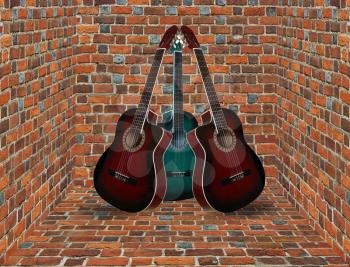 three guitars standing in the corner of the brick room