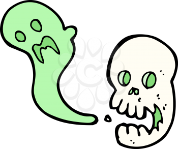 Royalty Free Clipart Image of a Spooky Skull and Ghost