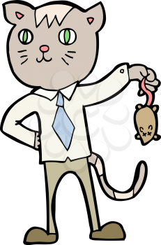 Royalty Free Clipart Image of a Cat Holding a Mouse