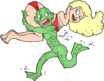 Royalty Free Clipart Image of a Swamp Monster Carrying a Girl in a Bikini