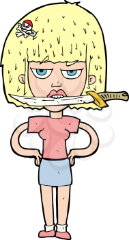 Royalty Free Clipart Image of a Pirate Woman With a Knife Between Her Teeth