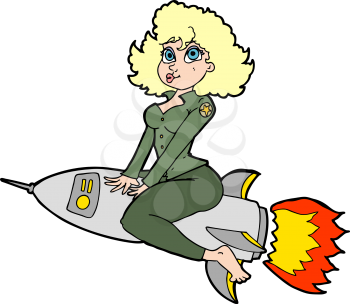 Royalty Free Clipart Image of a Woman Riding a Rocket