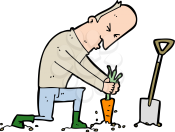 Royalty Free Clipart Image of a Gardener Pulling a Carrot