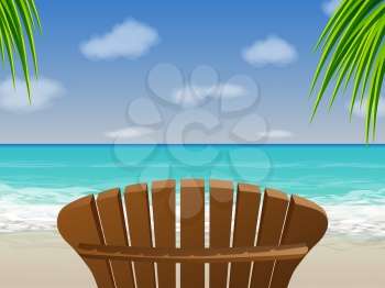 Illustration of a wooden beach chair in front of a beach