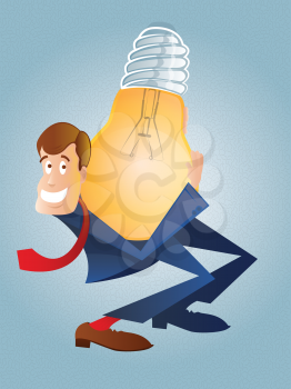 Business man in a suit holding a giant lightbulb