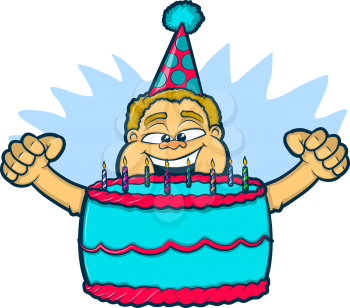 Illustration of an excited boy blowing out the candles on his birthday cake