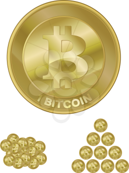Illustration of bitcoins in stacks and piles