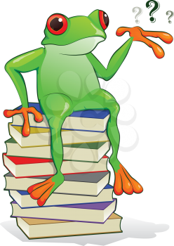 Green tree frog sitting on a stack of books