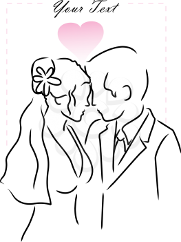 Illustration of a breid and groom with a heart background