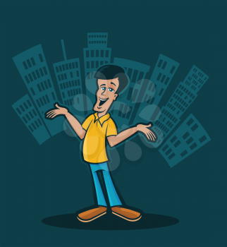 Illustration of a happy character in front of a metro skyline