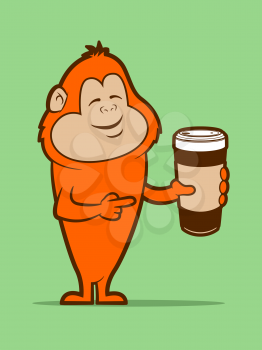 Orange monkey character with a large coffee to go