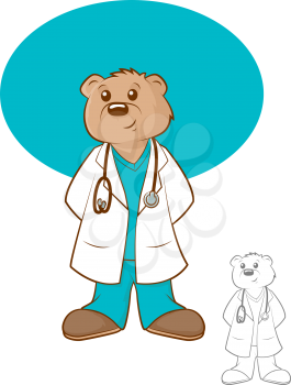 Illustration of a brown bear wearing a lab coat and scrubs