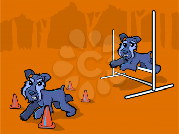 Illustration of dogs running through cones and jumping over bars