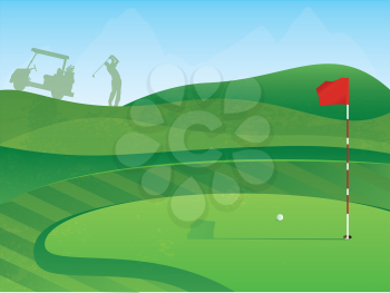 Golf Course Layout with Red Flag and Ball on the Green