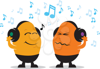 Colorful illustration of a happy and unhappy music listener