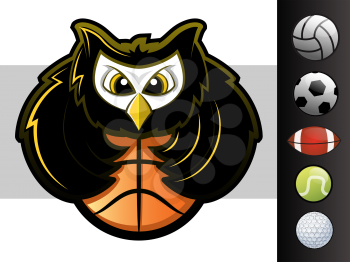 Owl sports team mascot with various sport ball icons