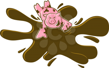 A happy pink pig rolls in the mud