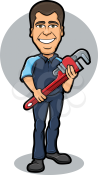Cartoon plumber holding a red spanner wrench and smiling