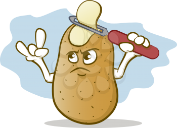 Cartoon potato peeling his own skin into potato chips