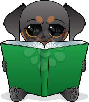 Puppy character reading a big open book