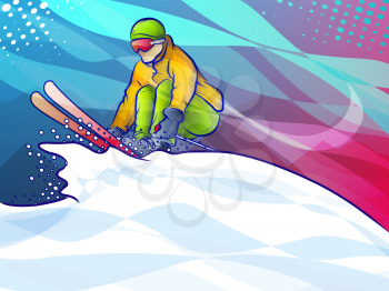 Colorful illustration of a skiier making a snowy jump