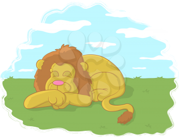 Illustration of a lion sleeping in a meadow