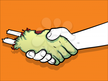 Illustration of a handshake betreen a human and a severed zombie hand