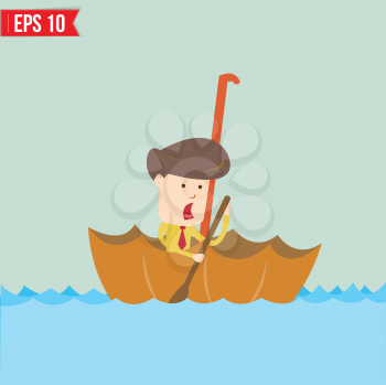 Cartoon business man  rowing a boat in his Umbrella