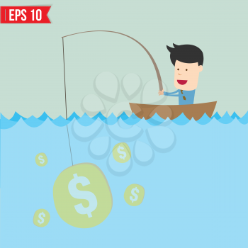 Cartoon businessman catching money in the sea - Vector illustration - EPS10