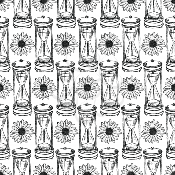 Sketch sand clock and daisy, vector vintage seamless pattern