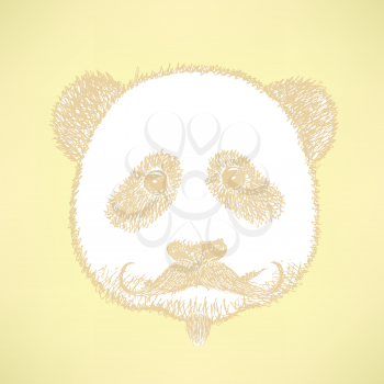 Sketch panda with mustache, vector vintage background