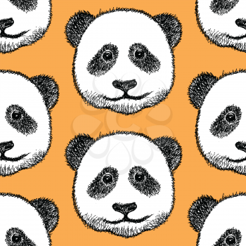 Sketch head of panda, vector vintage seamless pattern