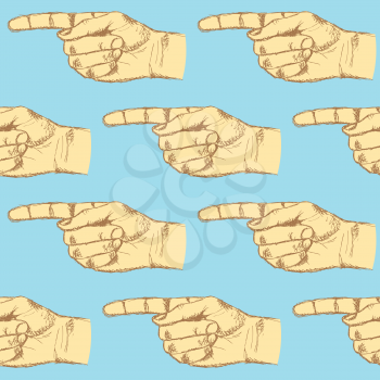 Sketch pointing hand, vector vintage seamless pattern