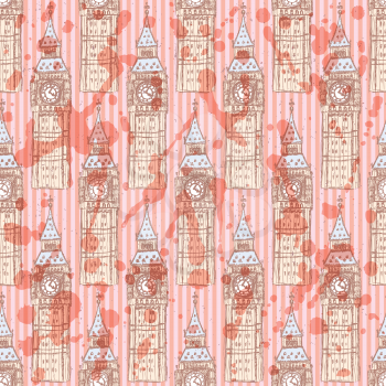 Sketch Big Ben, vector vintage seamless pattern