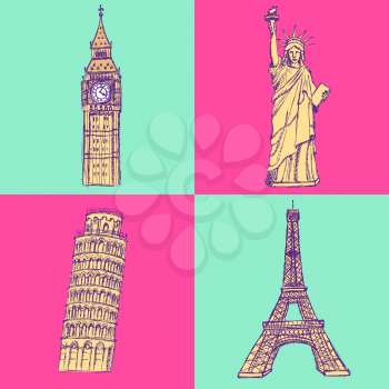 Sketch Eifel tower, Pisa tower, Big Ben and Statue of Liberty, vector vintage set