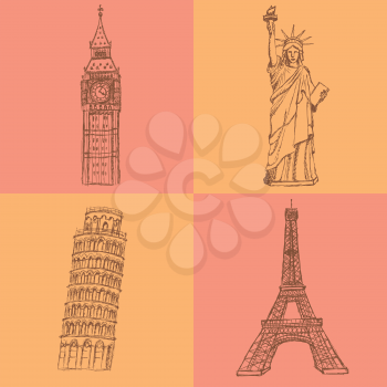 Sketch Eifel tower, Pisa tower, Big Ben and Statue of Liberty, vector vintage set