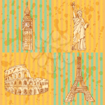 Sketch Eifel tower, Coliseum, Big Ben and Statue of Liberty, vector vintage set