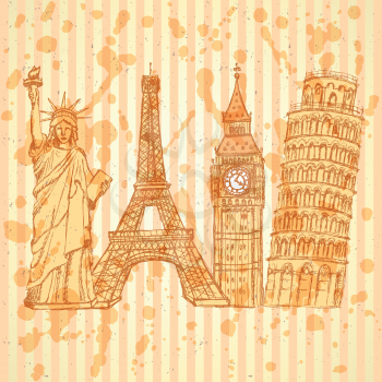 Sketch Eifel tower, Pisa tower, Big Ben and Statue of Liberty, vector vintage background