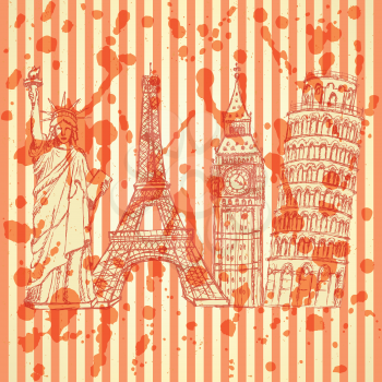 Sketch Eifel tower, Pisa tower, Big Ben and Statue of Liberty, vector vintage background