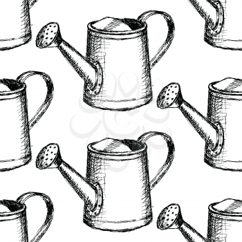 Sketch watering can, vector vintage seamless pattern