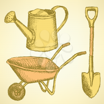 Sketchwatering can, shovel and barrow, vector vintage background