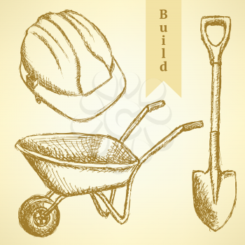 Sketch helmet, barrow and shovel,  vector vintage background